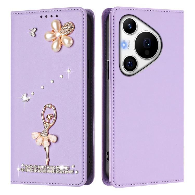 For Huawei Pura 70 Pro / 70 Pro+ Ballet Girl Diamond Studded RFID Vegan Leather Phone Case