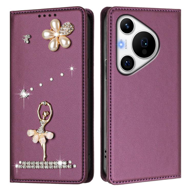 For Huawei Pura 70 Pro / 70 Pro+ Ballet Girl Diamond Studded RFID Vegan Leather Phone Case