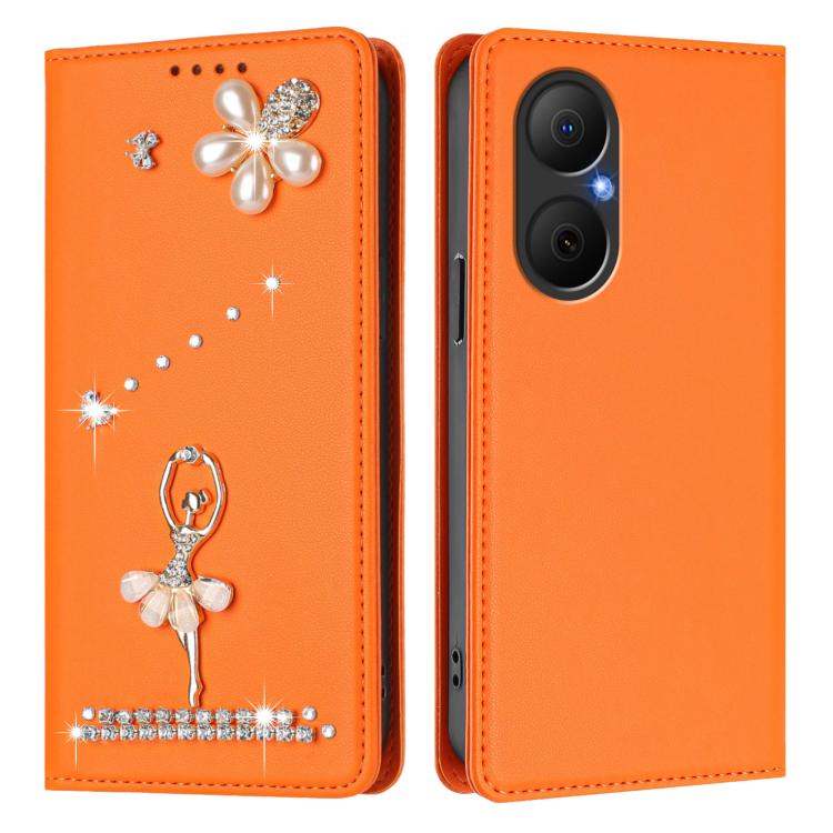 For Huawei Enjoy 80 4G / nova Y73 Ballet Girl Diamond Studded RFID Vegan Leather Phone Case
