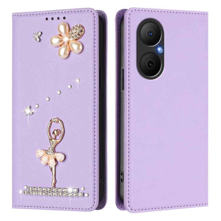 For Huawei Enjoy 80 4G / nova Y73 Ballet Girl Diamond Studded RFID Vegan Leather Phone Case