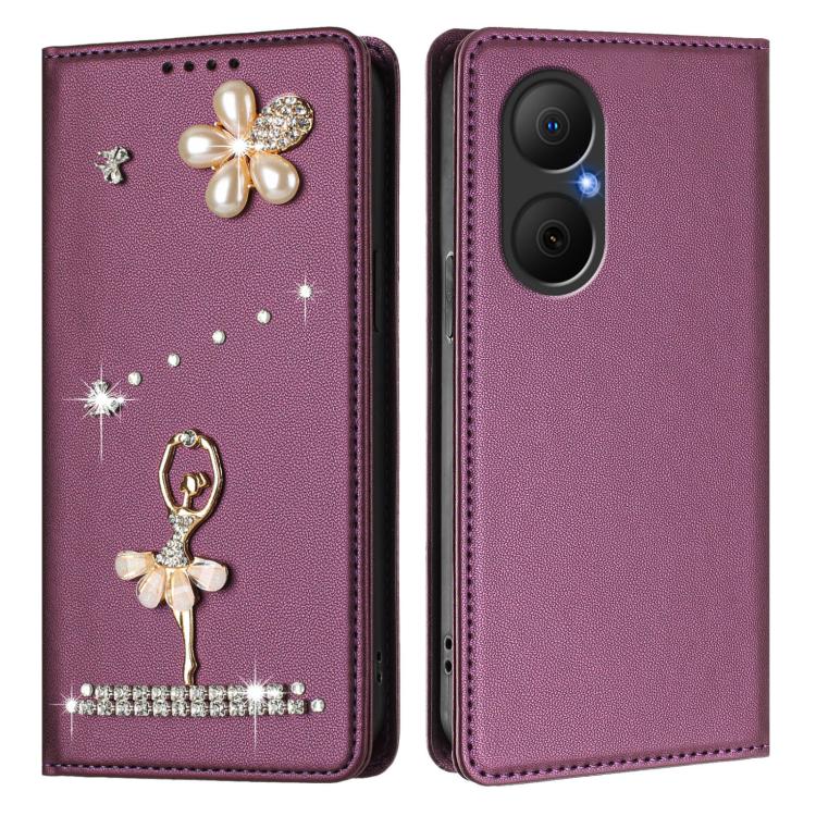 For Huawei Enjoy 80 4G / nova Y73 Ballet Girl Diamond Studded RFID Vegan Leather Phone Case
