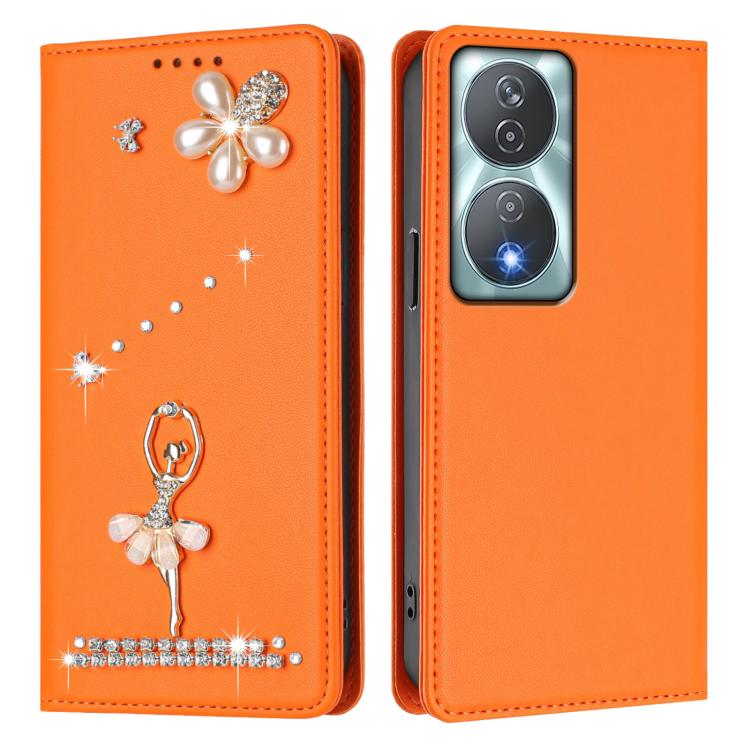 For Honor 90 Smart 5G / X7b 5G / X7b 4G Ballet Girl Diamond Studded RFID Vegan Leather Phone Case