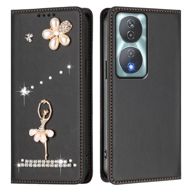 For Honor 90 Smart 5G / X7b 5G / X7b 4G Ballet Girl Diamond Studded RFID Vegan Leather Phone Case