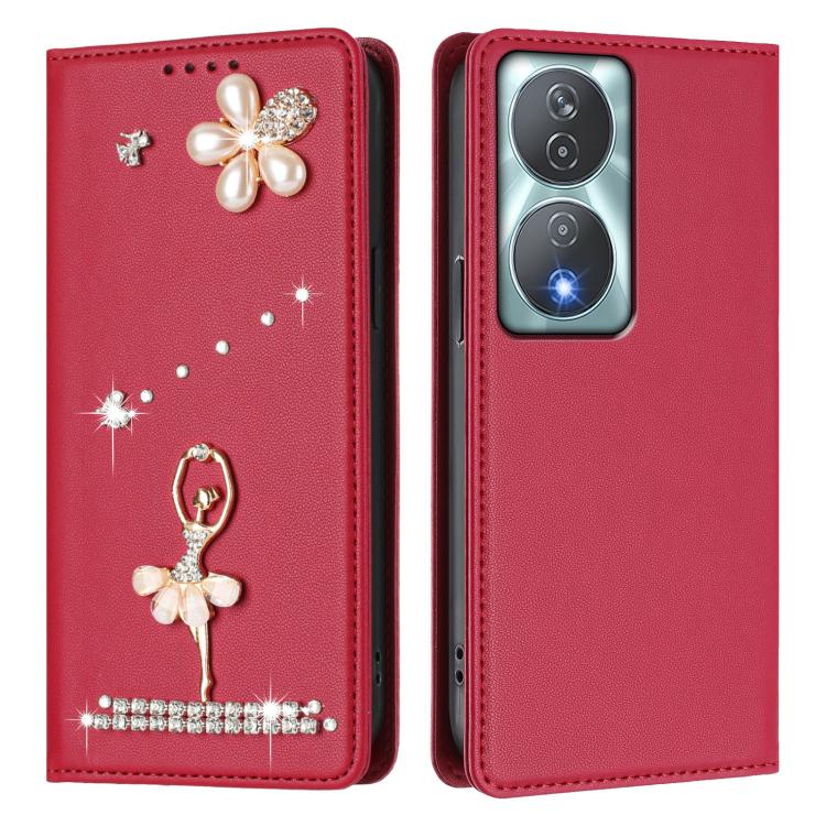 For Honor 90 Smart 5G / X7b 5G / X7b 4G Ballet Girl Diamond Studded RFID Vegan Leather Phone Case