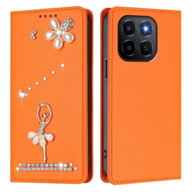 For Honor X6c / X5b 4G / X5b Plus 4G Ballet Girl Diamond Studded RFID Vegan Leather Phone Case