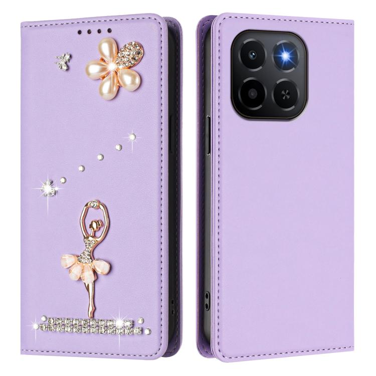 For Honor X6c / X5b 4G / X5b Plus 4G Ballet Girl Diamond Studded RFID Vegan Leather Phone Case