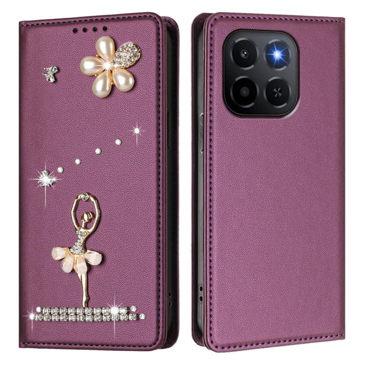 For Honor X6c / X5b 4G / X5b Plus 4G Ballet Girl Diamond Studded RFID Vegan Leather Phone Case