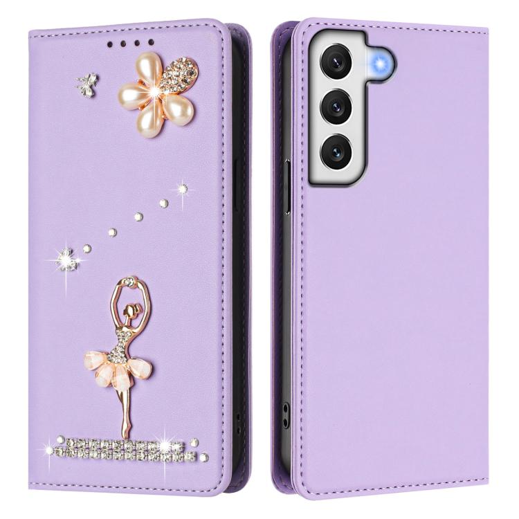 For Samsung Galaxy S22 5G Ballet Girl Diamond Studded RFID Vegan Leather Phone Case