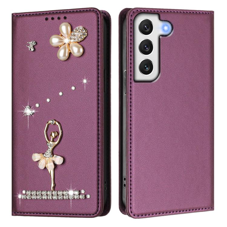 For Samsung Galaxy S22 5G Ballet Girl Diamond Studded RFID Vegan Leather Phone Case