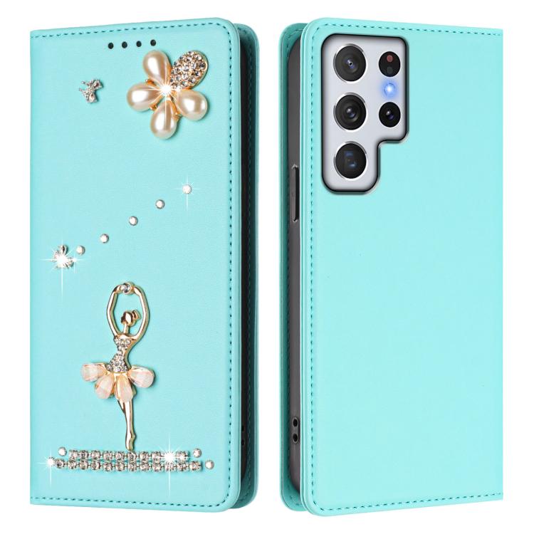 For Samsung Galaxy S22 Ultra 5G Ballet Girl Diamond Studded RFID Vegan Leather Phone Case