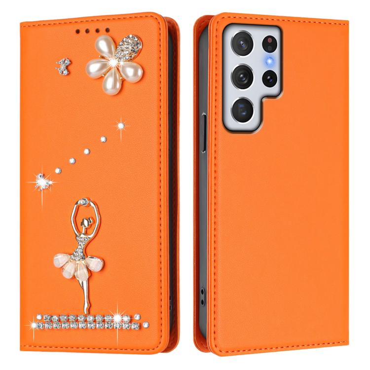 For Samsung Galaxy S22 Ultra 5G Ballet Girl Diamond Studded RFID Vegan Leather Phone Case