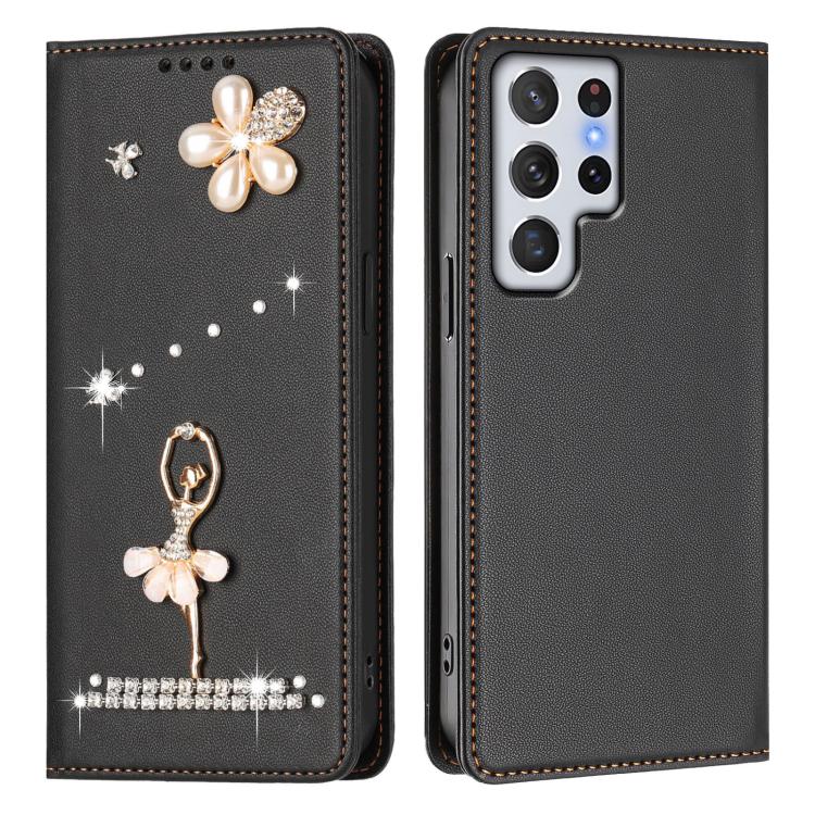 For Samsung Galaxy S22 Ultra 5G Ballet Girl Diamond Studded RFID Vegan Leather Phone Case