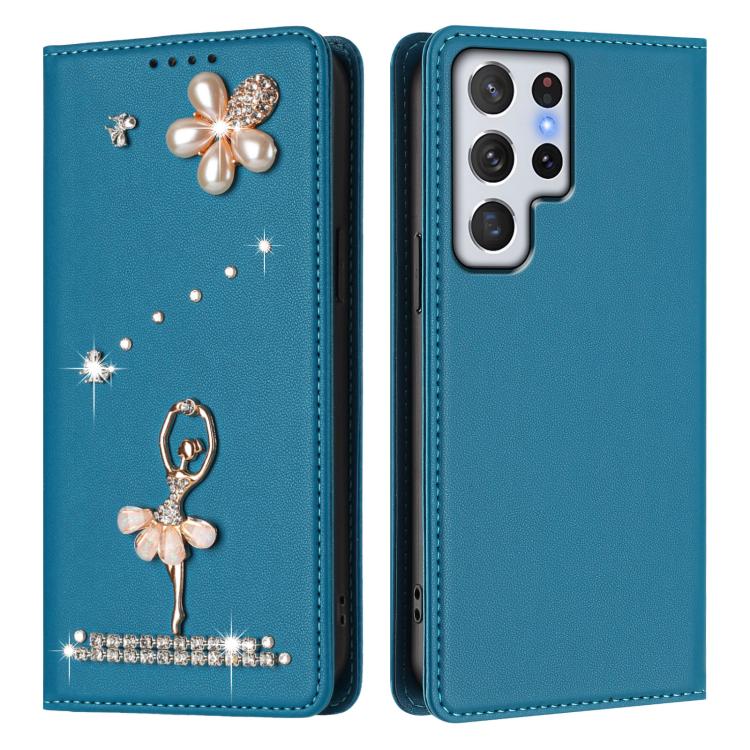For Samsung Galaxy S22 Ultra 5G Ballet Girl Diamond Studded RFID Vegan Leather Phone Case