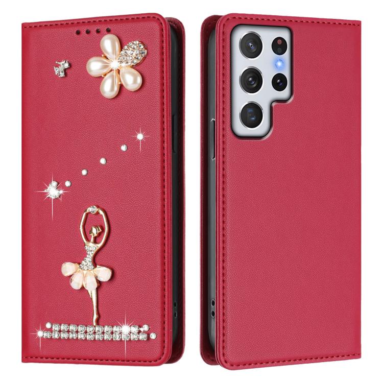 For Samsung Galaxy S22 Ultra 5G Ballet Girl Diamond Studded RFID Vegan Leather Phone Case