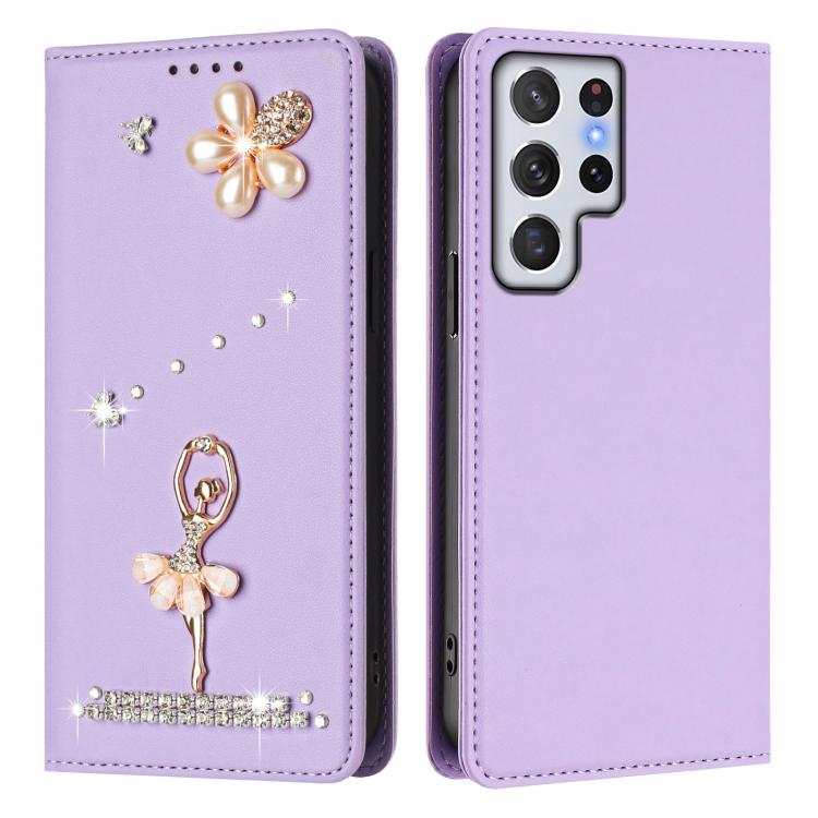 For Samsung Galaxy S22 Ultra 5G Ballet Girl Diamond Studded RFID Vegan Leather Phone Case