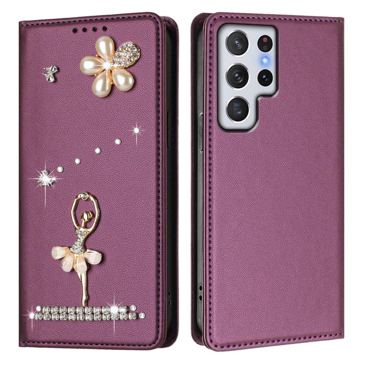 For Samsung Galaxy S22 Ultra 5G Ballet Girl Diamond Studded RFID Vegan Leather Phone Case
