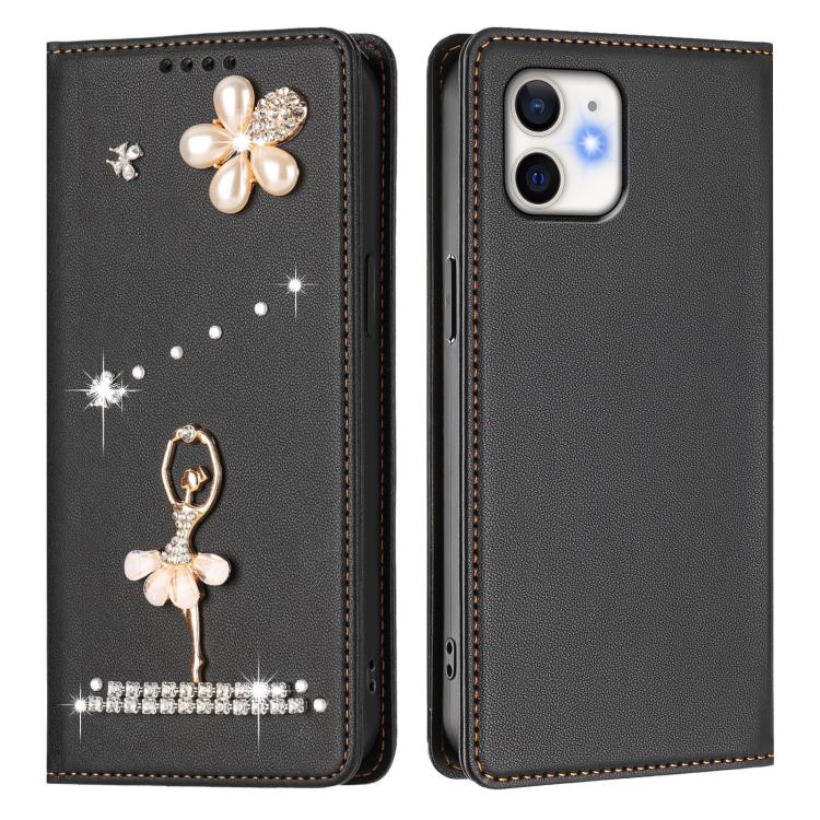 For iPhone 11 Ballet Girl Diamond Studded RFID Vegan Leather Phone Case