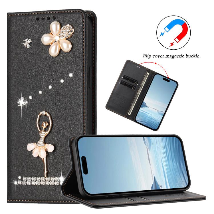 For iPhone 11 Ballet Girl Diamond Studded RFID Vegan Leather Phone Case