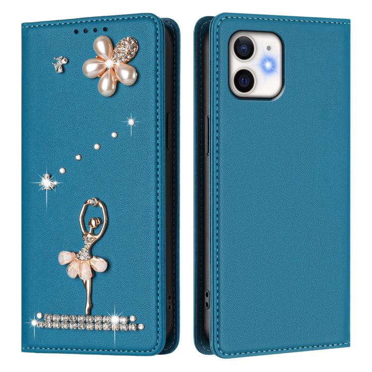For iPhone 11 Ballet Girl Diamond Studded RFID Vegan Leather Phone Case