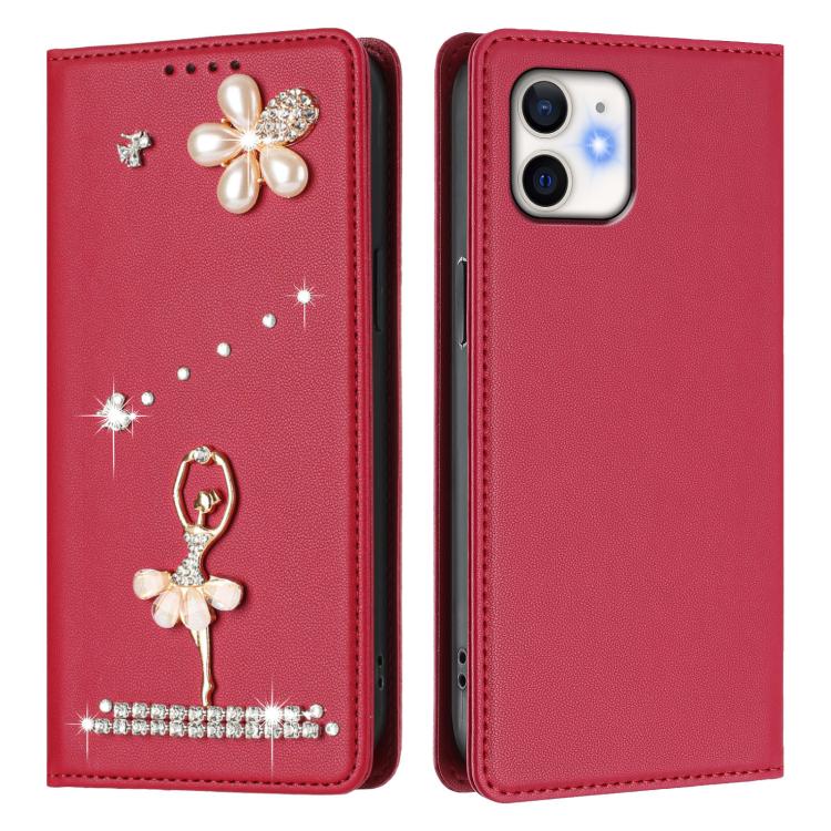 For iPhone 11 Ballet Girl Diamond Studded RFID Vegan Leather Phone Case