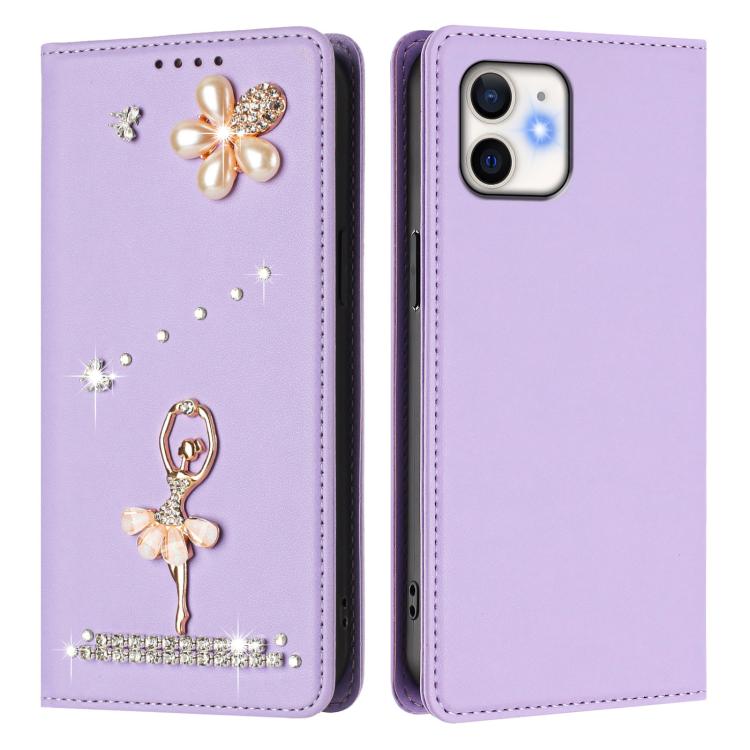 For iPhone 11 Ballet Girl Diamond Studded RFID Vegan Leather Phone Case