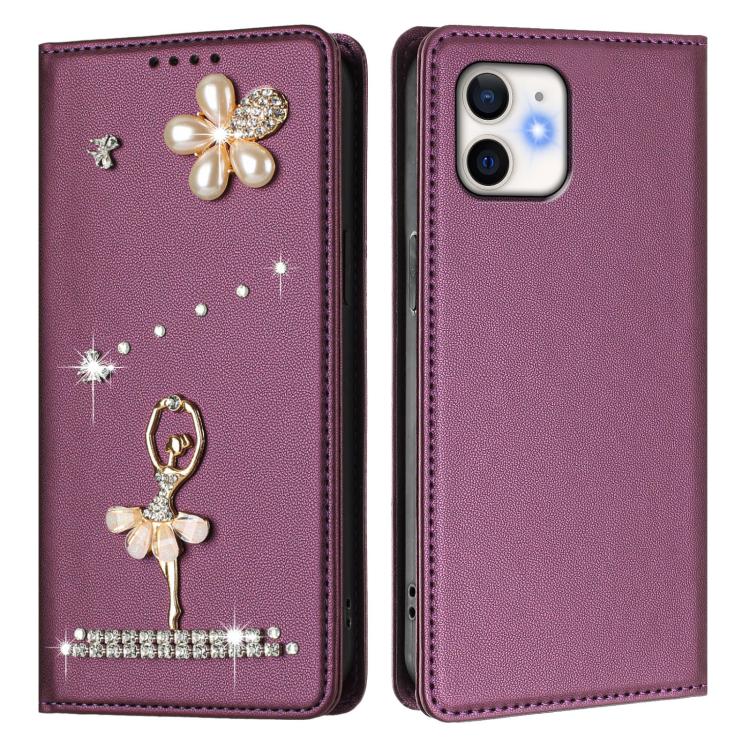 For iPhone 11 Ballet Girl Diamond Studded RFID Vegan Leather Phone Case