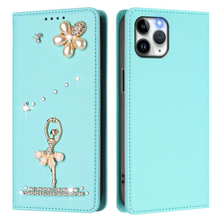 For iPhone 11 Pro Ballet Girl Diamond Studded RFID Vegan Leather Phone Case