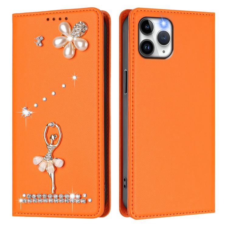 For iPhone 11 Pro Ballet Girl Diamond Studded RFID Vegan Leather Phone Case