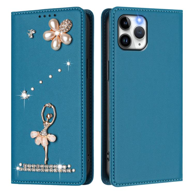 For iPhone 11 Pro Ballet Girl Diamond Studded RFID Vegan Leather Phone Case