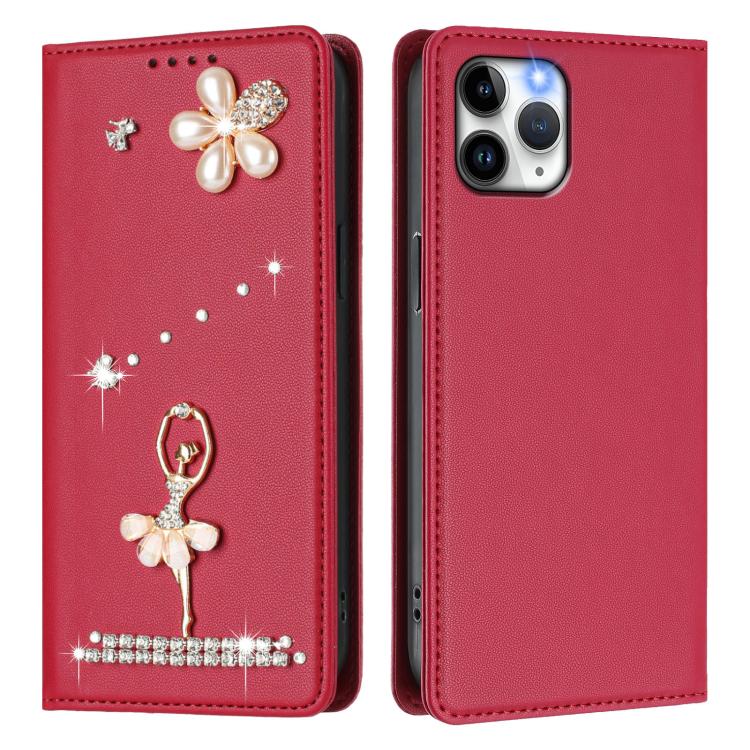 For iPhone 11 Pro Ballet Girl Diamond Studded RFID Vegan Leather Phone Case