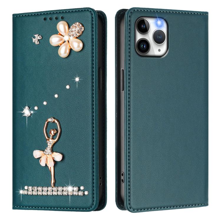For iPhone 11 Pro Ballet Girl Diamond Studded RFID Vegan Leather Phone Case