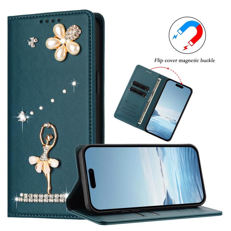 For iPhone 11 Pro Ballet Girl Diamond Studded RFID Vegan Leather Phone Case