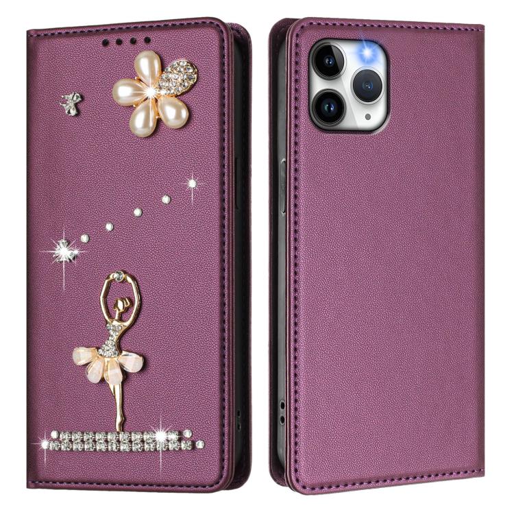 For iPhone 11 Pro Ballet Girl Diamond Studded RFID Vegan Leather Phone Case