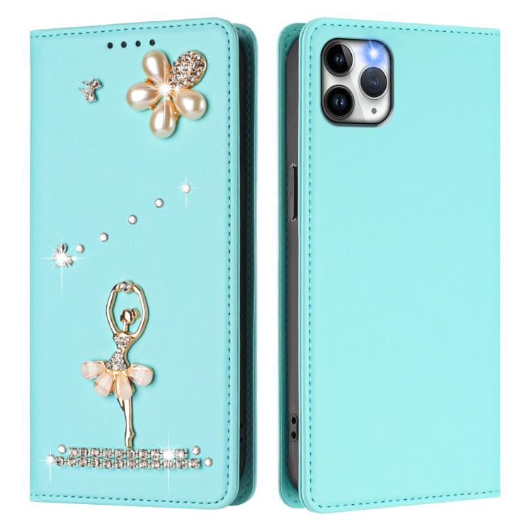 For iPhone 11 Pro Max Ballet Girl Diamond Studded RFID Vegan Leather Phone Case