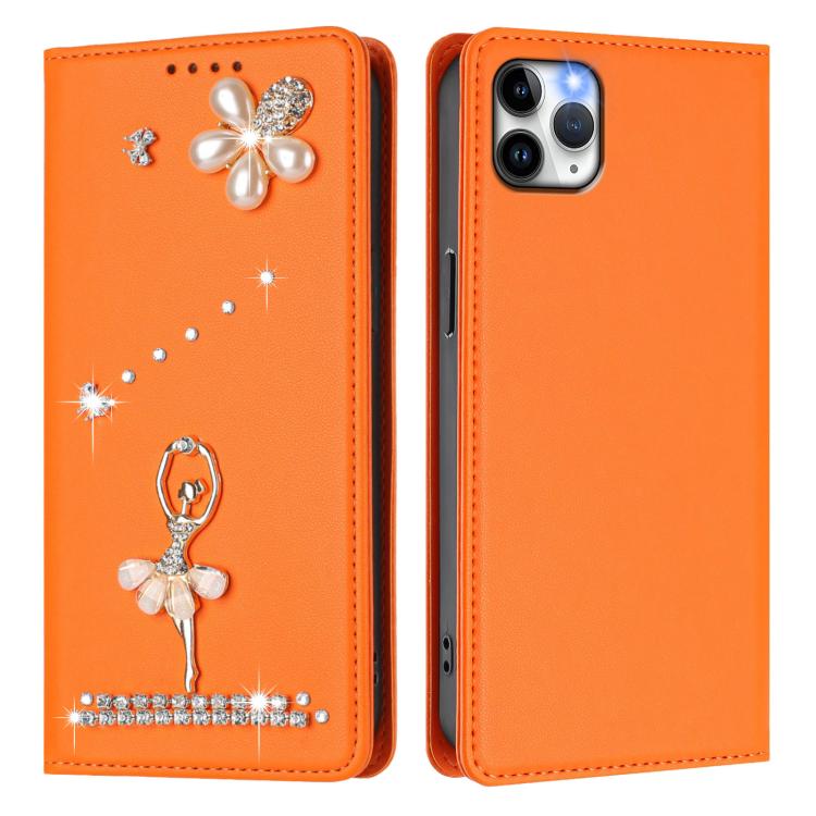 For iPhone 11 Pro Max Ballet Girl Diamond Studded RFID Vegan Leather Phone Case