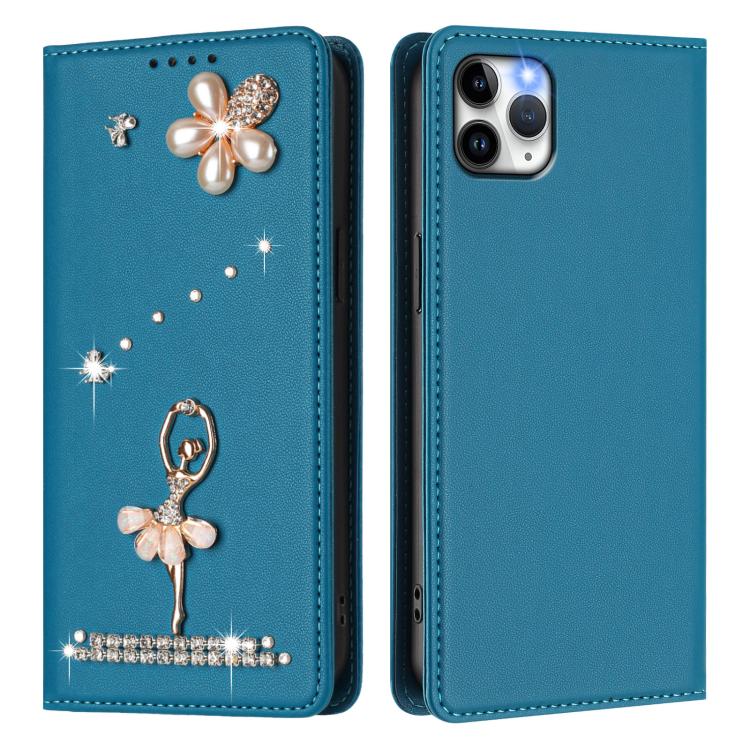 For iPhone 11 Pro Max Ballet Girl Diamond Studded RFID Vegan Leather Phone Case