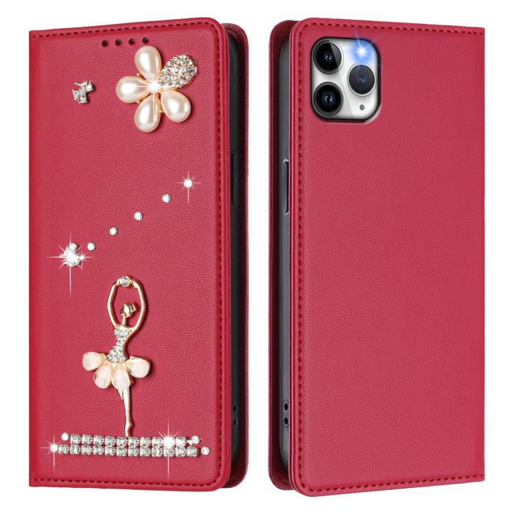For iPhone 11 Pro Max Ballet Girl Diamond Studded RFID Vegan Leather Phone Case