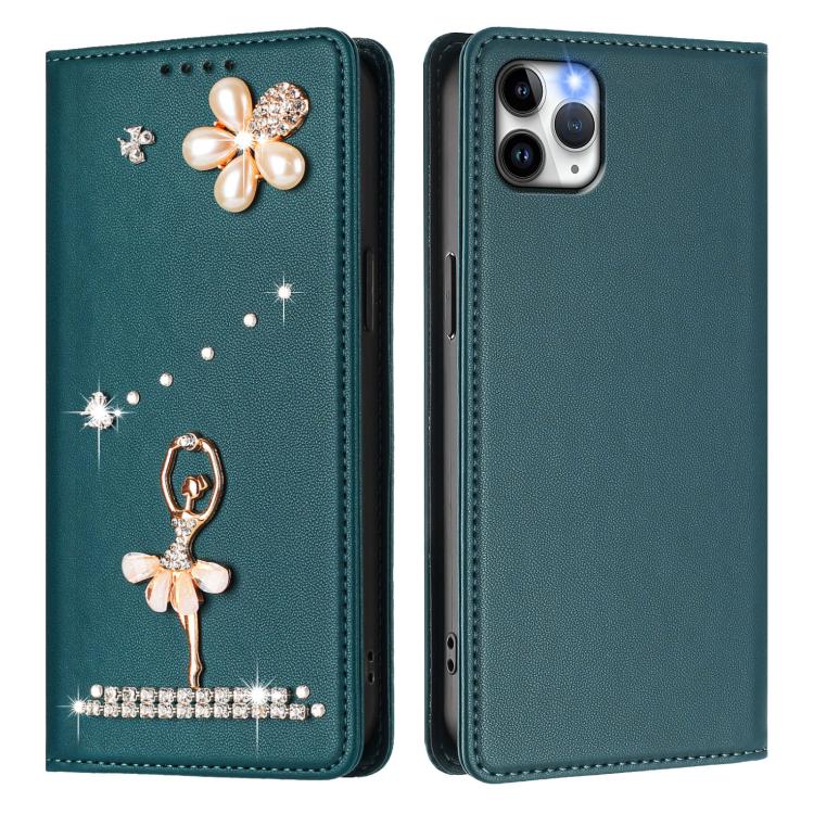 For iPhone 11 Pro Max Ballet Girl Diamond Studded RFID Vegan Leather Phone Case