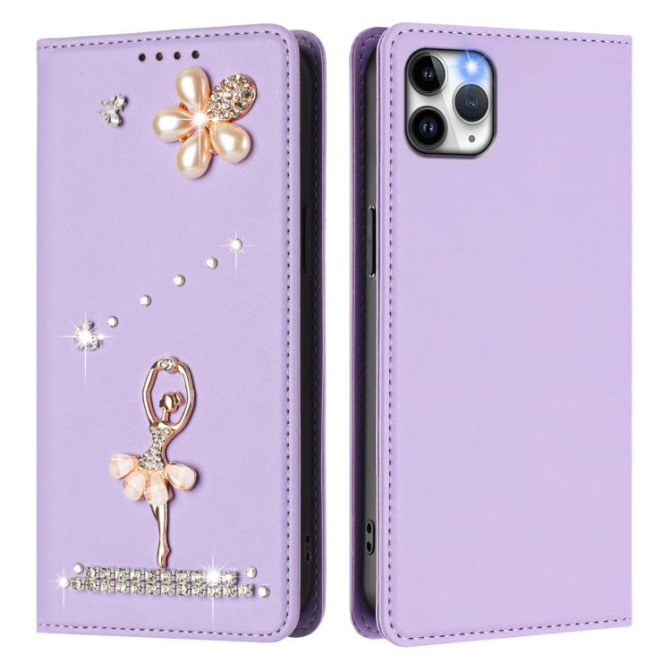 For iPhone 11 Pro Max Ballet Girl Diamond Studded RFID Vegan Leather Phone Case