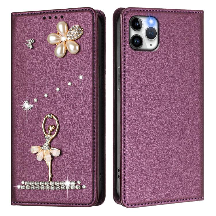 For iPhone 11 Pro Max Ballet Girl Diamond Studded RFID Vegan Leather Phone Case