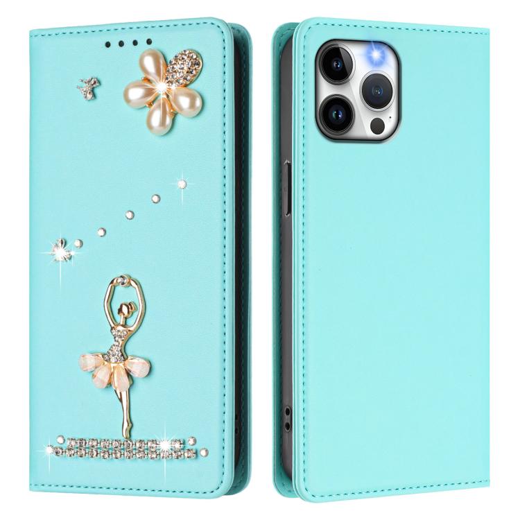 For iPhone 12 Pro Max Ballet Girl Diamond Studded RFID Vegan Leather Phone Case