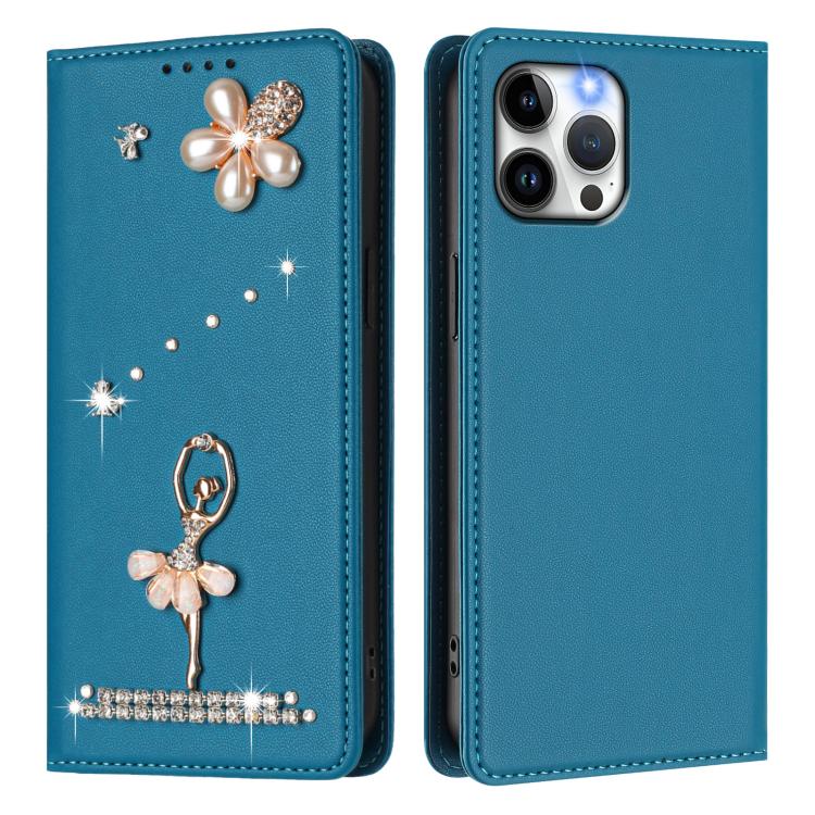 For iPhone 12 Pro Max Ballet Girl Diamond Studded RFID Vegan Leather Phone Case