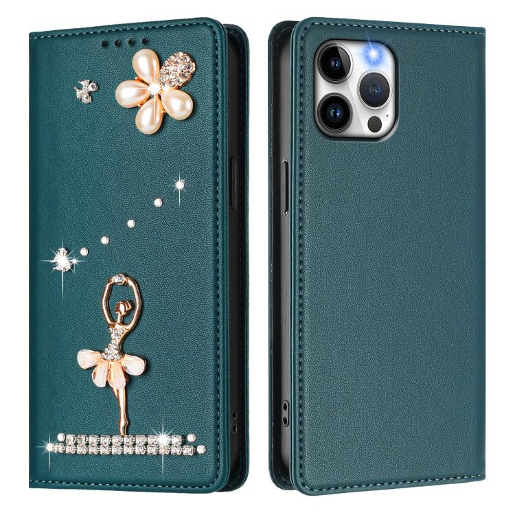 For iPhone 12 Pro Max Ballet Girl Diamond Studded RFID Vegan Leather Phone Case