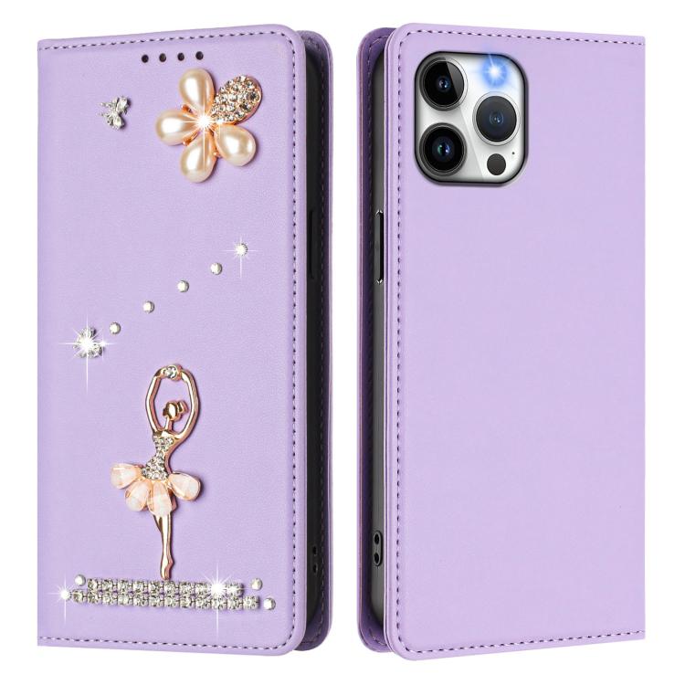 For iPhone 12 Pro Max Ballet Girl Diamond Studded RFID Vegan Leather Phone Case