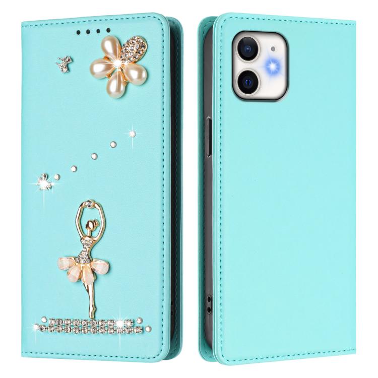 For iPhone 12 / 12 Pro Ballet Girl Diamond Studded RFID Vegan Leather Phone Case