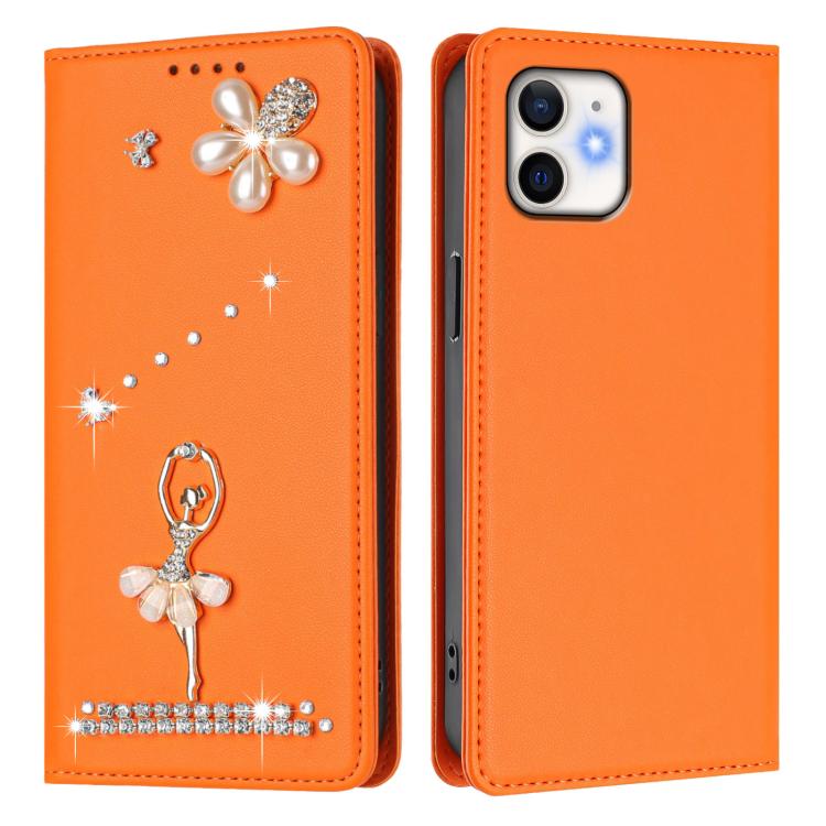 For iPhone 12 / 12 Pro Ballet Girl Diamond Studded RFID Vegan Leather Phone Case