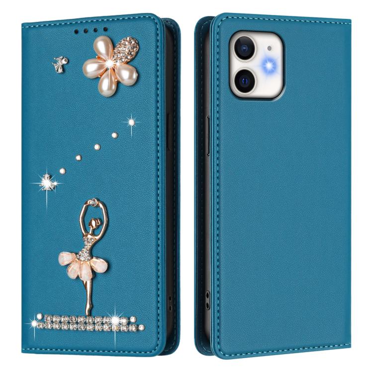 For iPhone 12 / 12 Pro Ballet Girl Diamond Studded RFID Vegan Leather Phone Case