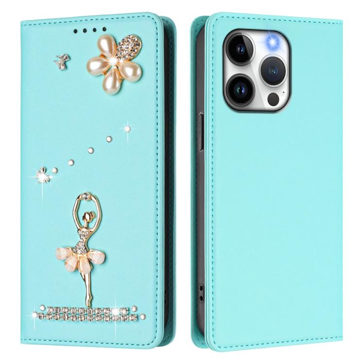 For iPhone 13 Pro Ballet Girl Diamond Studded RFID Vegan Leather Phone Case
