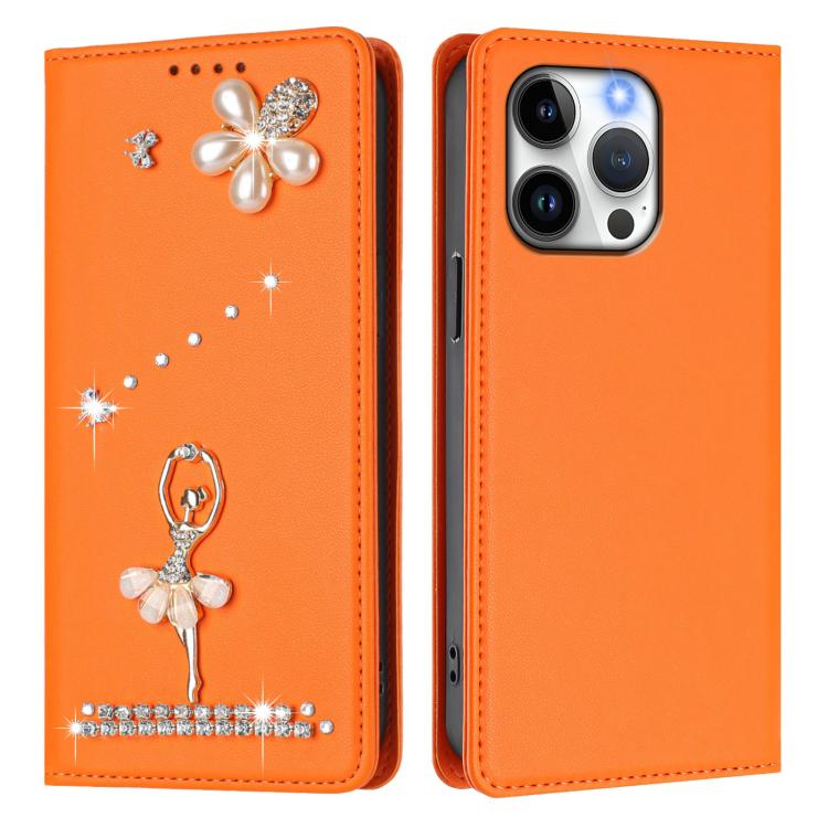 For iPhone 13 Pro Ballet Girl Diamond Studded RFID Vegan Leather Phone Case