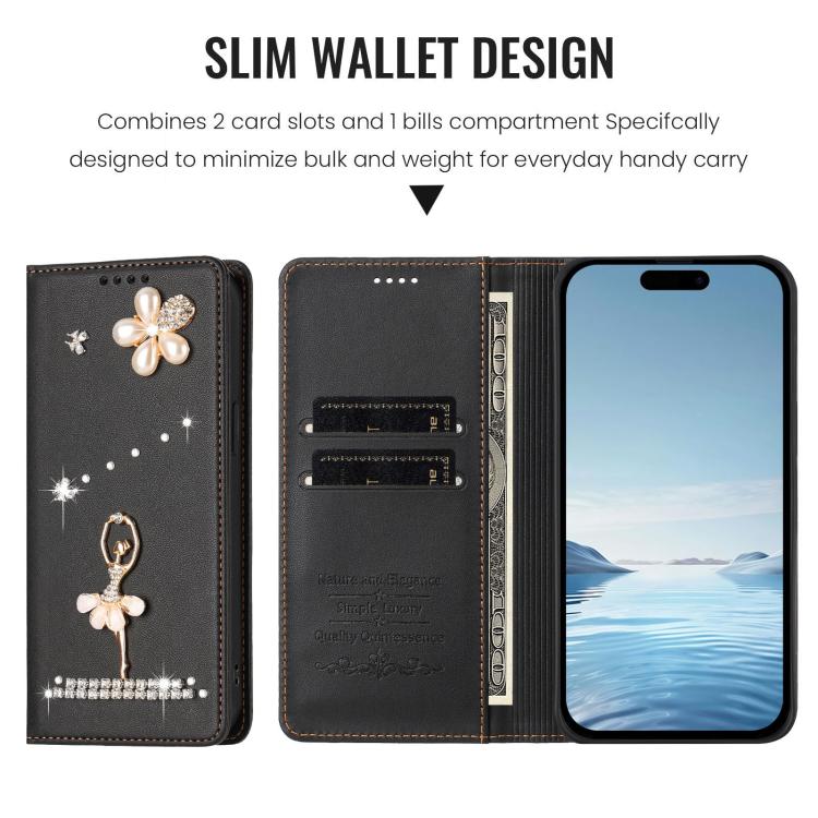 For iPhone 13 Pro Ballet Girl Diamond Studded RFID Vegan Leather Phone Case